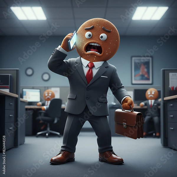 Obraz Corporate gingerbread employee with a panicked expression talking on a smartphone and holding a briefcase against a blurred modern office interior background
