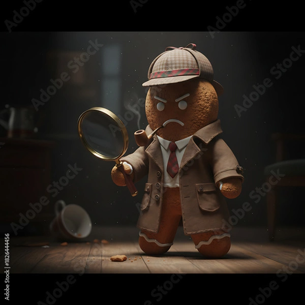 Obraz Mystery gingerbread detective with a suspicious frown holding a magnifying glass and smoking pipe against a dark room background with spilled coffee