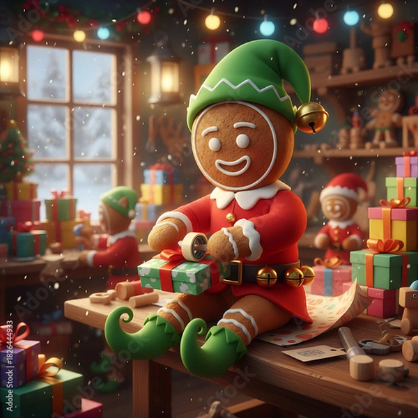Obraz Cheerful gingerbread elf wrapping Christmas presents in Santa workshop against a festive toy shelf background