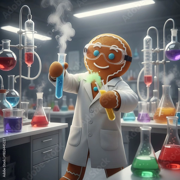 Obraz Ginger cookie scientist conducting chemistry experiment with smoking test tubes in laboratory setting