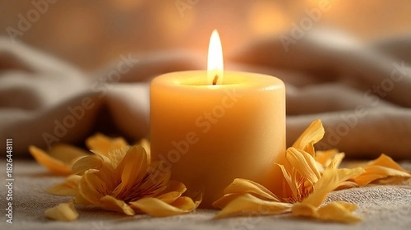 Obraz Lit candle with flower petals on fabric, warm, soft, glowing ambience