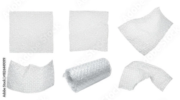 Fototapeta Multiple bubble wrap sheets and roll isolated on transparent background