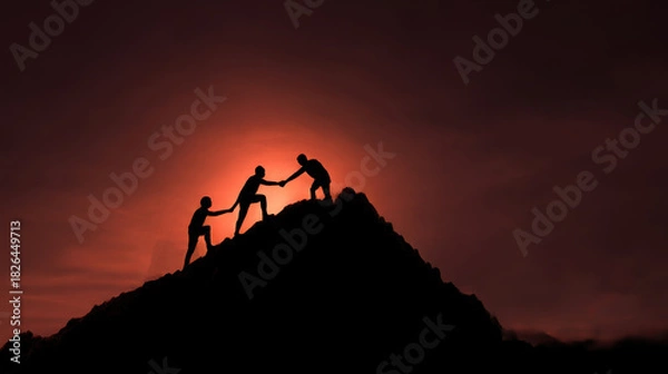 Obraz Silhouette of men climbing a mountain, helping each other to reach the summit, representing business teamwork and collaboration for success. People team work idea.