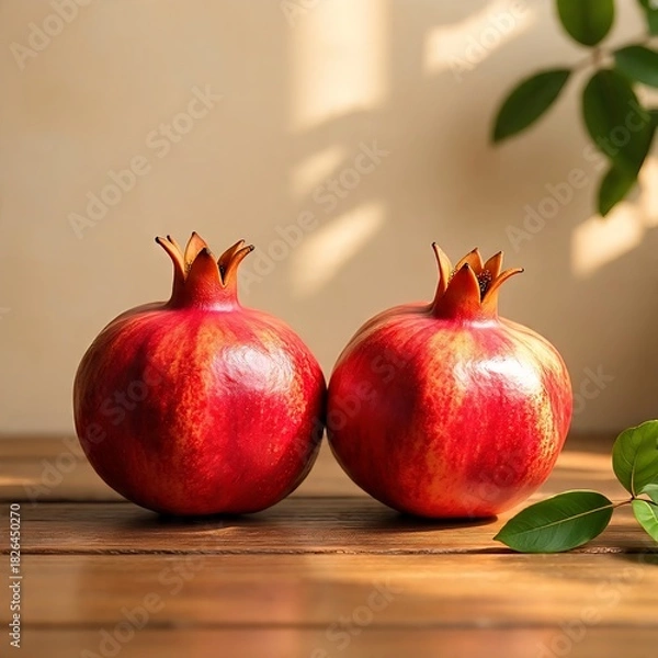 Obraz Two Whole Pomegranates on Wooden Table with Green Leaves