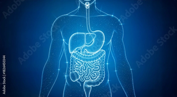 Fototapeta Abstract glowing blue human digestive system illustration with internal organs in a futuristic medical concept