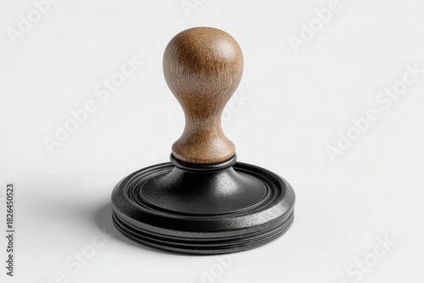Fototapeta A 3D render of a classic rubber stamp with a wooden handle. Standing upright, isolated on a plain white background. Concept of approval, authority, certification, and office work.