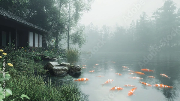 Fototapeta The gentle rustling of leaves and the splash of fish in the lake create a calming soundtrack. What do you do to fully immerse yourself in this natural retreat?