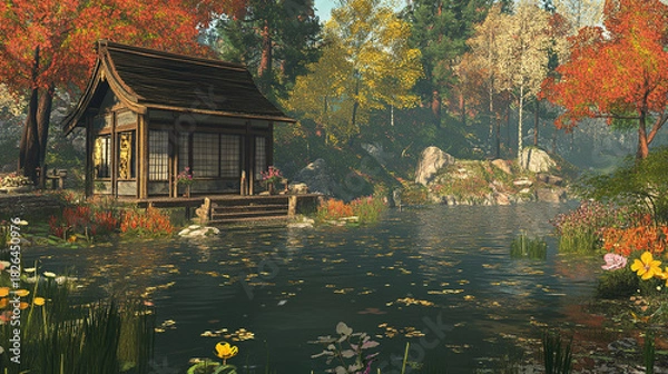 Fototapeta The gentle rustling of leaves and the splash of fish in the lake create a calming soundtrack. What do you do to fully immerse yourself in this natural retreat?