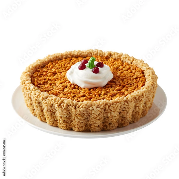 Fototapeta No-Bake Rice Krispies Treat Pumpkin Pie Decorated with Whipped Cream and Edible Berries isolated on a transparent background 