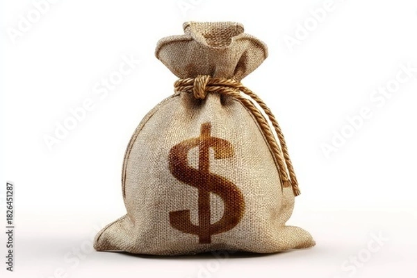 Fototapeta A 3D render of a money bag with a dollar sign on it. Isolated on a plain white background. Concept of wealth, cash, and savings.