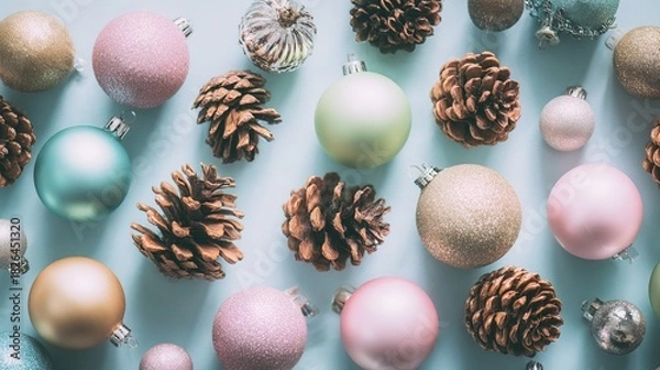 Fototapeta The flat layout showcases a series of brightly colored decorative Christmas ornaments, natural pine cones, and seasonal foliage, arranged against a soft background, leaving ample space for text.