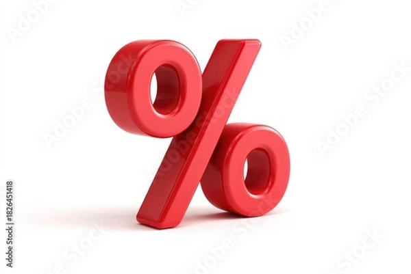 Fototapeta A 3D render of a red percent sign (%). Isolated on a plain white background. Symbol of discount, sale offer, interest rate, and finance.