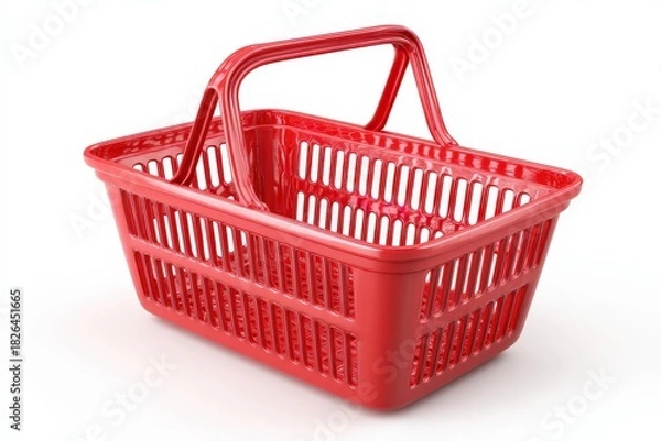 Fototapeta A 3D render of an empty red shopping basket. Isolated on a plain white background. Concept of retail, supermarket, and consumerism.