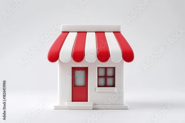 Fototapeta A 3D render of a minimalist shop icon or storefront. White building with a red awning. Isolated on a plain white background. Concept of retail, small business, and e-commerce.
