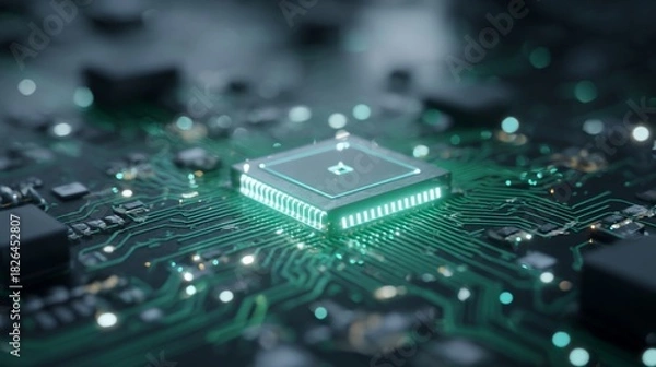 Obraz Lit chip on intricate circuit board, green glow, high-tech, shallow depth