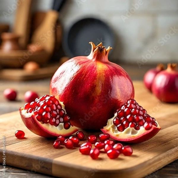 Obraz Sliced Pomegranate on Wooden Cutting Board with Seeds