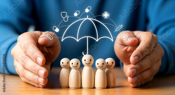 Fototapeta Human hands protecting a group of wooden figures under an umbrella with healthcare icons, representing family health insurance and security