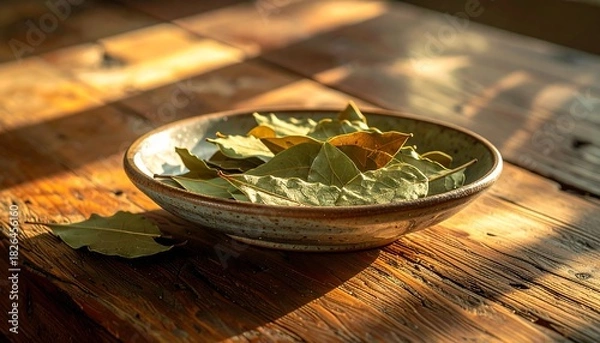 Obraz Bay leaves in rustic bowl on wooden table