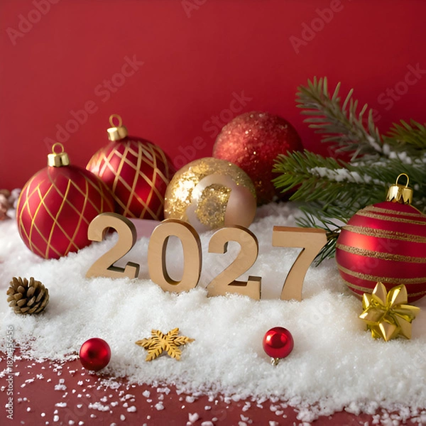 Obraz New Year 2027 Celebration. Festive Winter Holiday Decor with Ornaments, Snow, and Red Backdrop. on transparent background