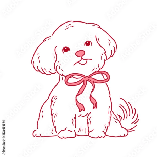 Obraz Cute fluffy puppy with pink bow. Drawn doodle element, pedigree dog for designing cards and invitations