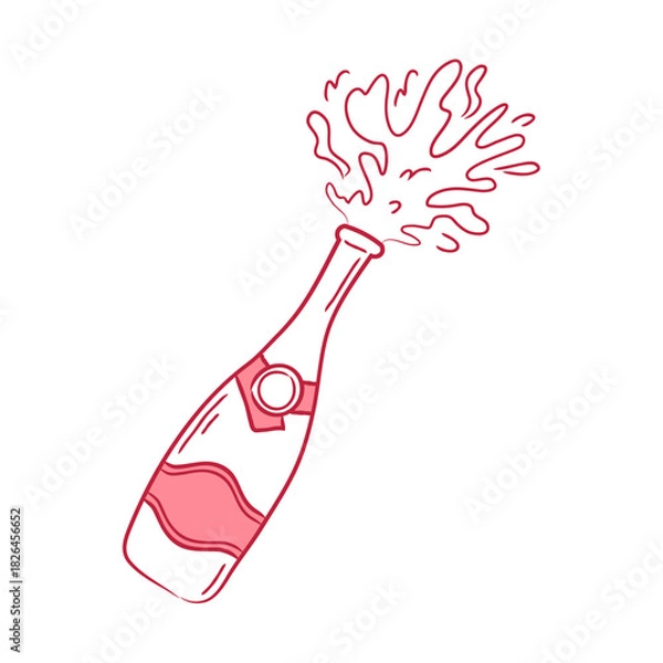 Obraz Open bottle of champagne with splashes. Drawn doodle on white background for parties, weddings, celebrations