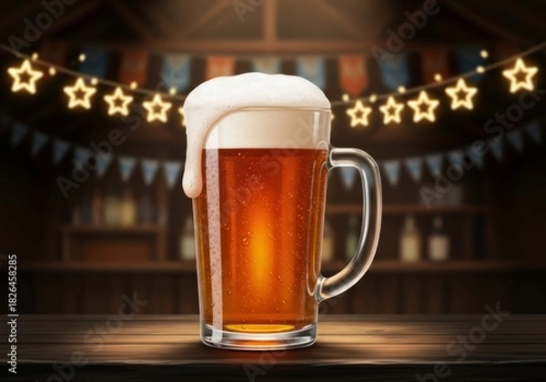Fototapeta Cold mug of beer with foam, warm and inviting, for a celebration in a pub