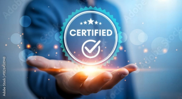 Fototapeta Hand presenting a glowing blue certified badge, symbolizing quality, guarantee, and accreditation