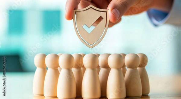 Fototapeta Hand places a wooden shield with a checkmark over a group of wooden figures, symbolizing security and care