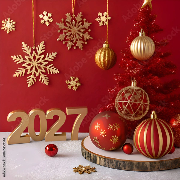 Fototapeta 2027 New Year Celebration with Red Christmas Tree and Golden Festive Decorations on transparent background