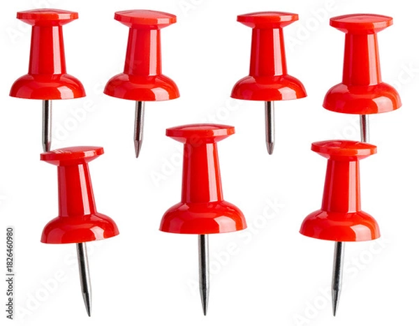 Fototapeta Push pins isolated on white background, colorful office supplies illustration, stationery items for bulletin boards, organizational tools, creative and practical PNG.