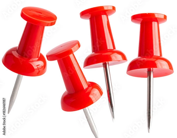 Fototapeta Push pins isolated on white background, colorful office supplies illustration, stationery items for bulletin boards, organizational tools, creative and practical PNG.