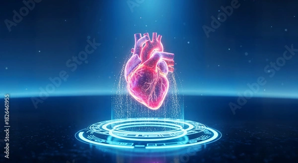 Fototapeta Glowing human heart model on a futuristic digital display, symbolizing advanced medical technology