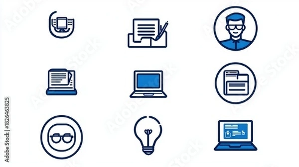 Fototapeta This image contains a collection of icons depicting various elements related to computer usage document management and a person suggesting themes of education business and technology