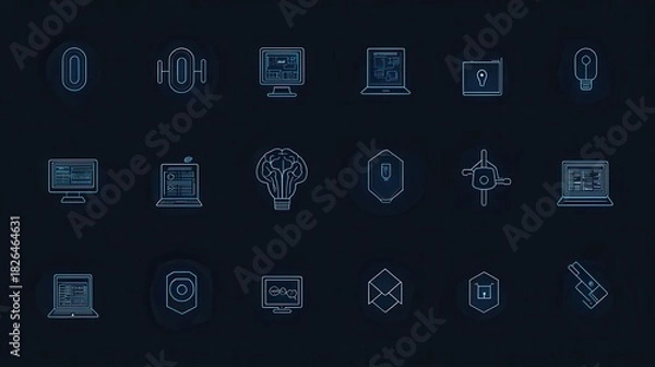 Obraz Collection of various technology related devices and digital icons representing innovation computing and information systems