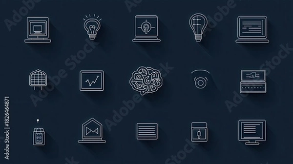 Fototapeta A collection of technology and innovation related icons including a computer light bulb graph brain and other symbols arranged against a dark blue background
