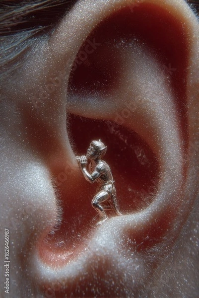 Fototapeta Surreal tiny devil figure whispering into human ear for symbolic concept imagery