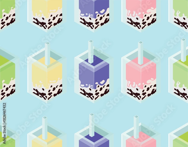 Fototapeta A charming seamless vector pattern featuring isometric bubble tea glasses rendered in a delicate palette of soft pastel shades. This pattern perfect for cafe branding, packaging design