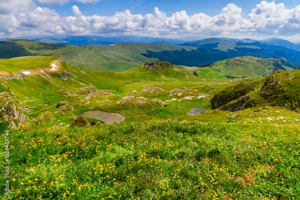 Fototapeta View from the Urdele Pass of the glacial lakes and the Parang Mountains. Southern Carpathians, Transalpina, Romania