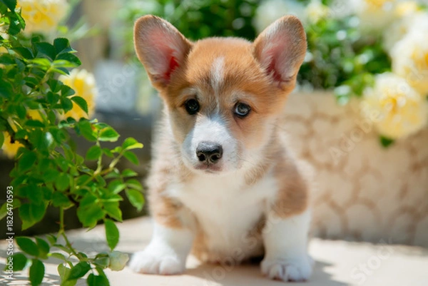 Fototapeta Cute Welsh Corgi puppy in summer walking near a bush with roses