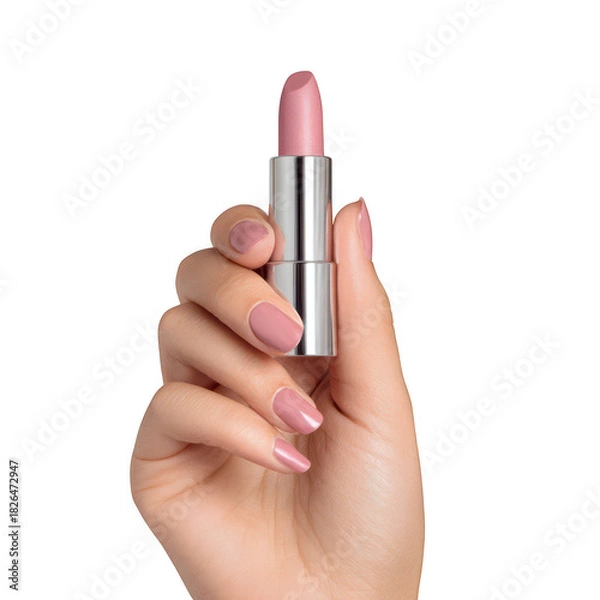 Fototapeta Hand holding a pink lipstick isolated on transparent background