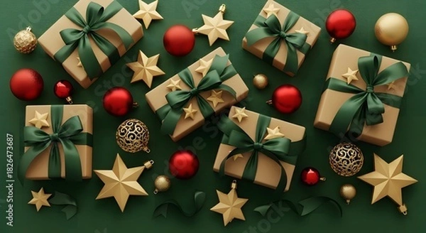 Fototapeta Festive display of Christmas gifts, red baubles, and golden stars on a green background, creating a joyful and elegant setting perfect for holiday celebrations