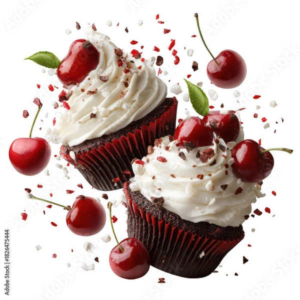 Fototapeta Two chocolate cupcakes with cherries on transparent background