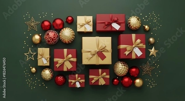 Fototapeta Luxurious flat lay of red and gold Christmas gift boxes with bows, sparkling ornaments, and confetti, creating a joyful and elegant holiday celebration display on a deep green surface