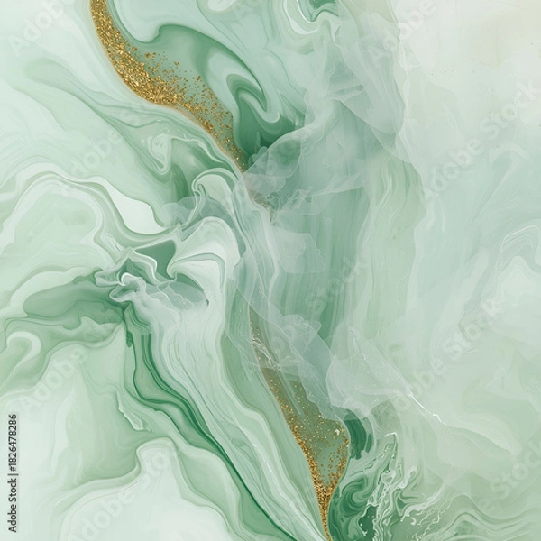 Fototapeta Mint green alcohol ink flow with shimmering gold accents, soft fluid patterns.