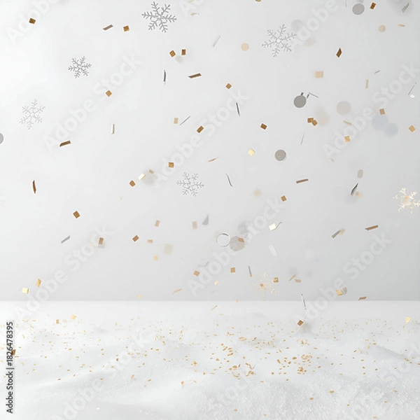 Fototapeta Minimal Christmas background with delicate floating ornaments, soft glowing light.