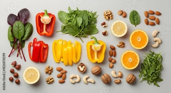 Fototapeta A rich display of nutrient-dense ingredients like colorful bell peppers, bright citrus fruits, crisp leafy greens, and assorted nuts, promoting a foundation for a healthy diet and vitality