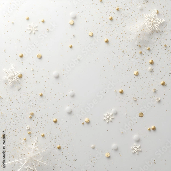 Fototapeta Minimal Christmas background with delicate floating ornaments, soft glowing light.