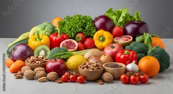 Fototapeta A vibrant and diverse assortment of fresh fruits, vegetables, and nuts, perfectly arranged for healthy eating, balanced nutrition, and holistic well-being