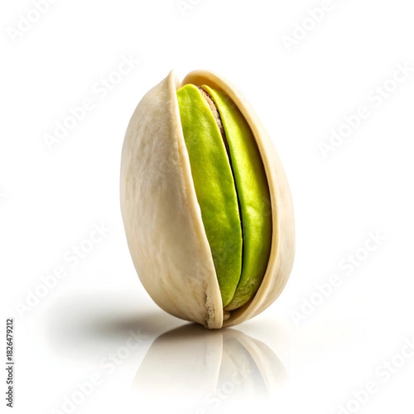 Fototapeta 
Single open pistachio nut standing upright on white
