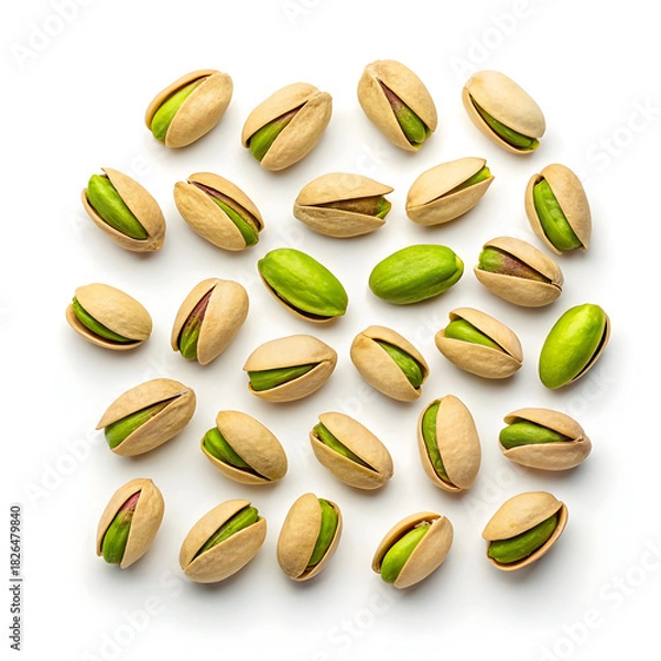 Fototapeta Scattered pistachio nuts arranged on white background